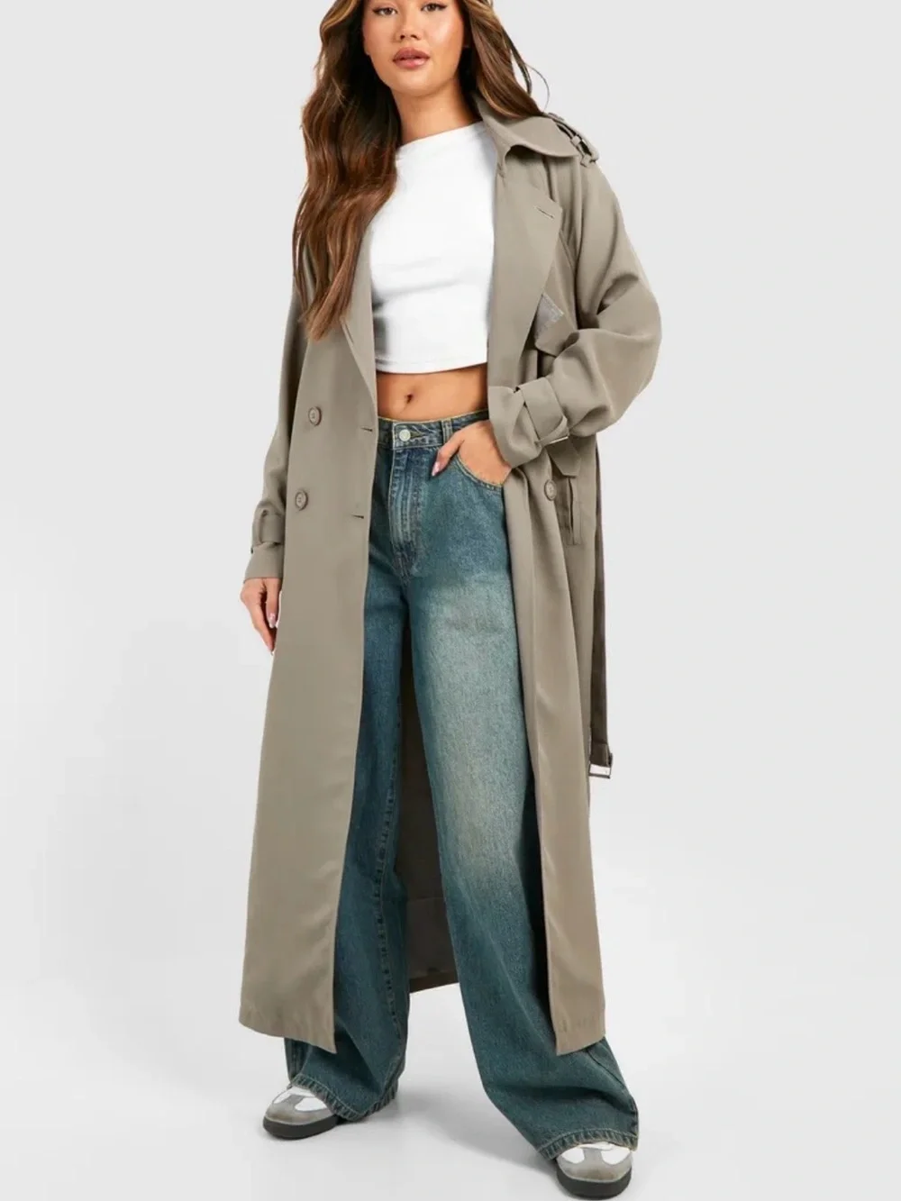 PLT - Women's Dark Oversized Taupe Trench Coat - Picture 4 of 8